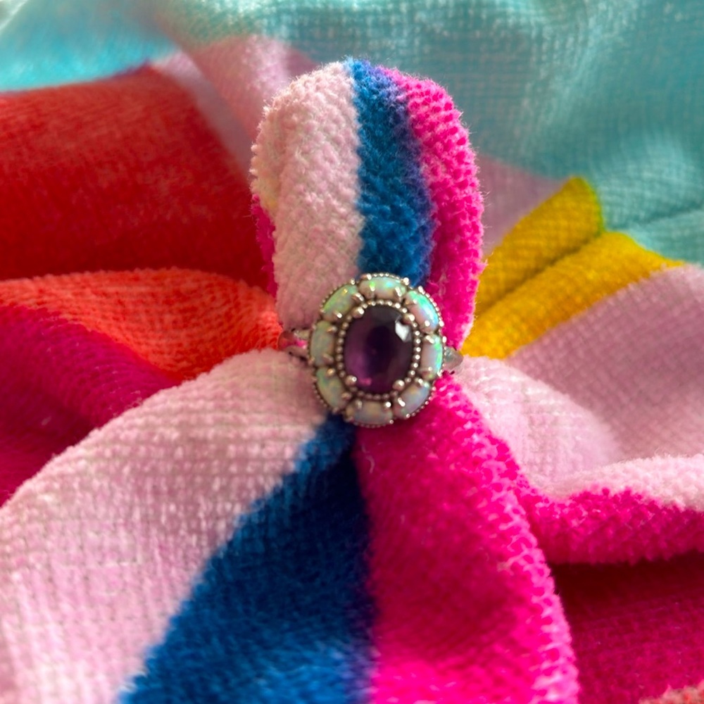 Opal and amethyst silver ring